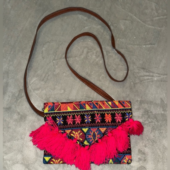 Handbags - Colorful Patterned Crossbody Bag with Tassels